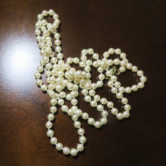 Vintage RMN 60" Opera Length Knotted Lustrous Faux Pearl Single Strand Necklace - Picture 2 of 8